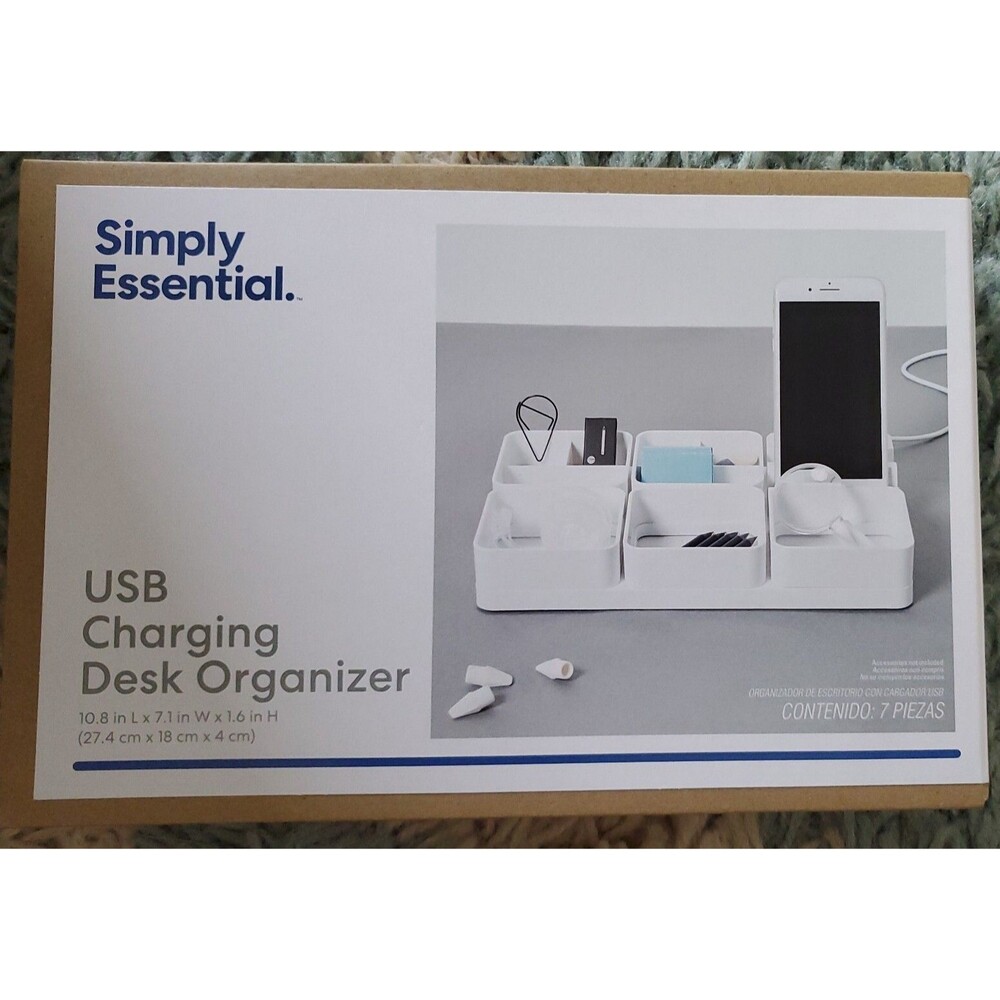 NIB Simply Essential Charging Desk Organizer With 3 USB Ports Bright White